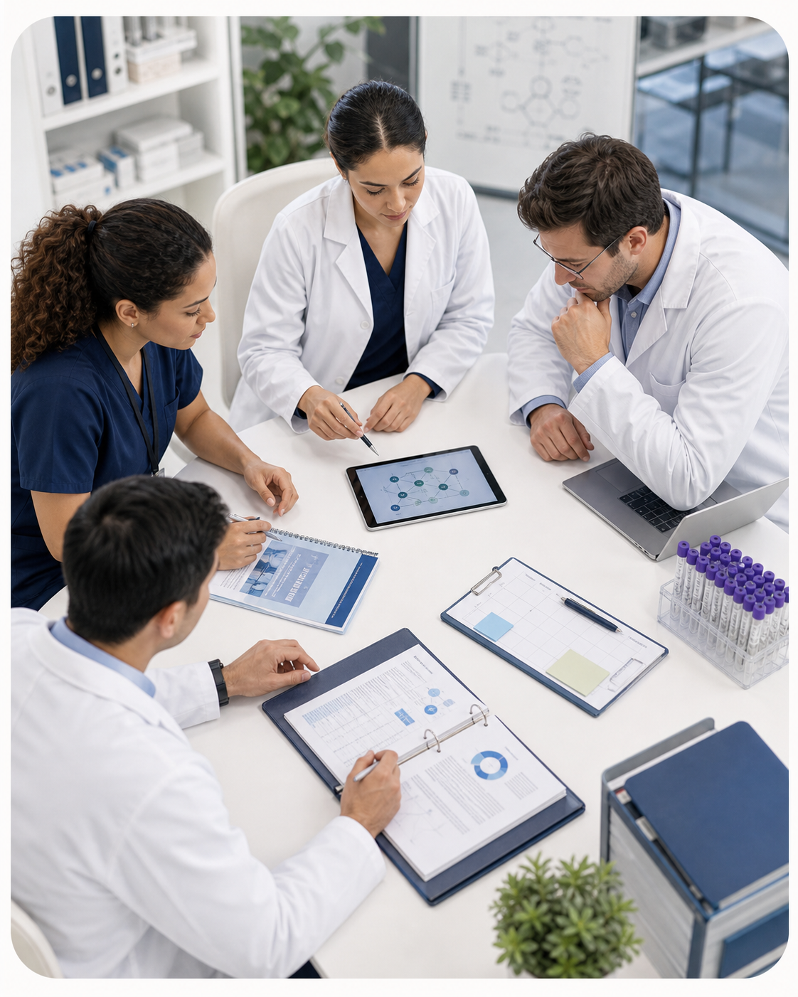 Clinical research team collaborating around study materials